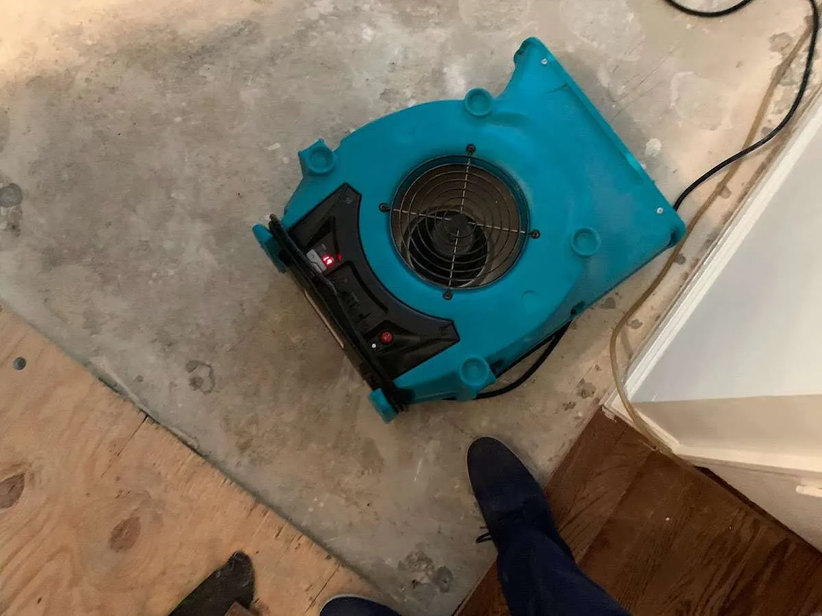 Air mover drying subfloor during Commercial Water Damage Restoration in Gainesville
